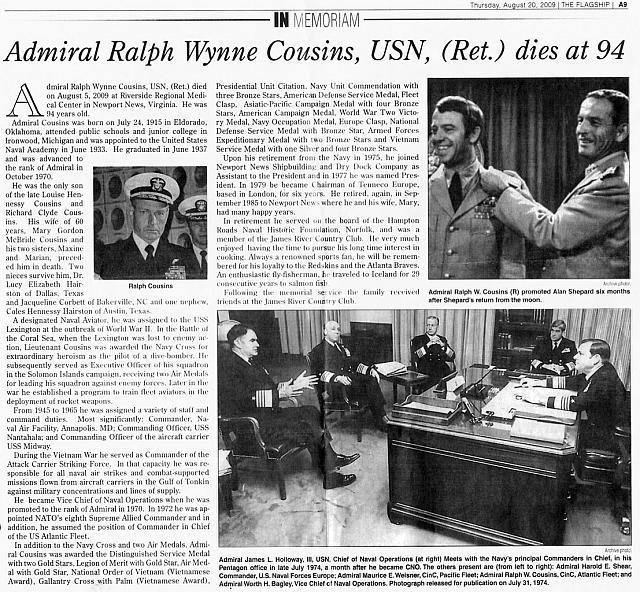 Admiral Cousins Obit  - courtesy of  Ike Newkerk
