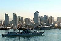 Midway in the background (Sept. 18, 2006) ? The Chinese Navy destroyer Qingdao (DDG 113) transit the San Diego Harbor as it prep